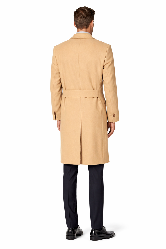 Men's Double Breasted Camel Back Wool Blend Vent Overcoat