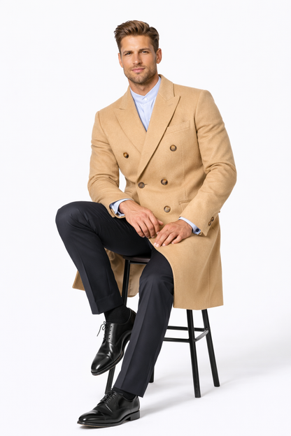 Men's Double Breasted Camel Back Wool Blend Vent Overcoat