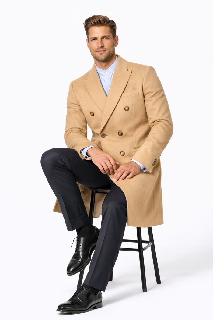 Men's Double Breasted Camel Back Wool Blend Vent Overcoat