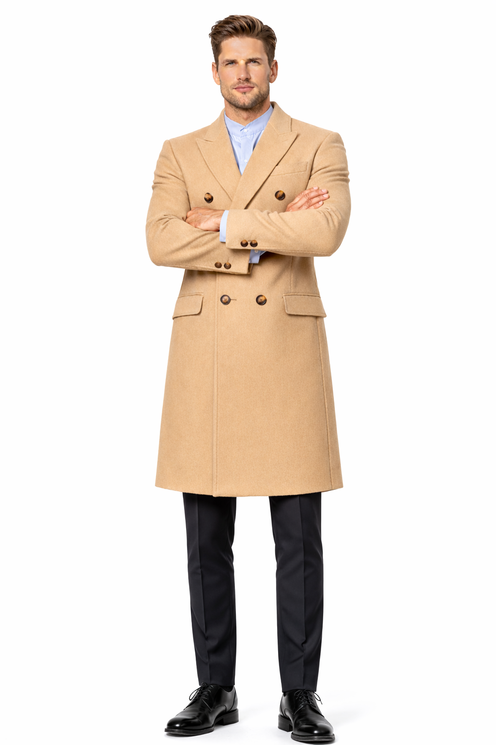 Men's Double Breasted Camel Back Wool Blend Vent Overcoat