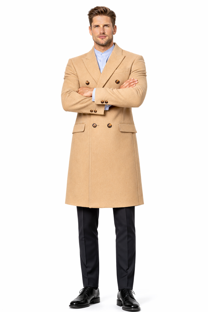 Men's Double Breasted Camel Back Wool Blend Vent Overcoat
