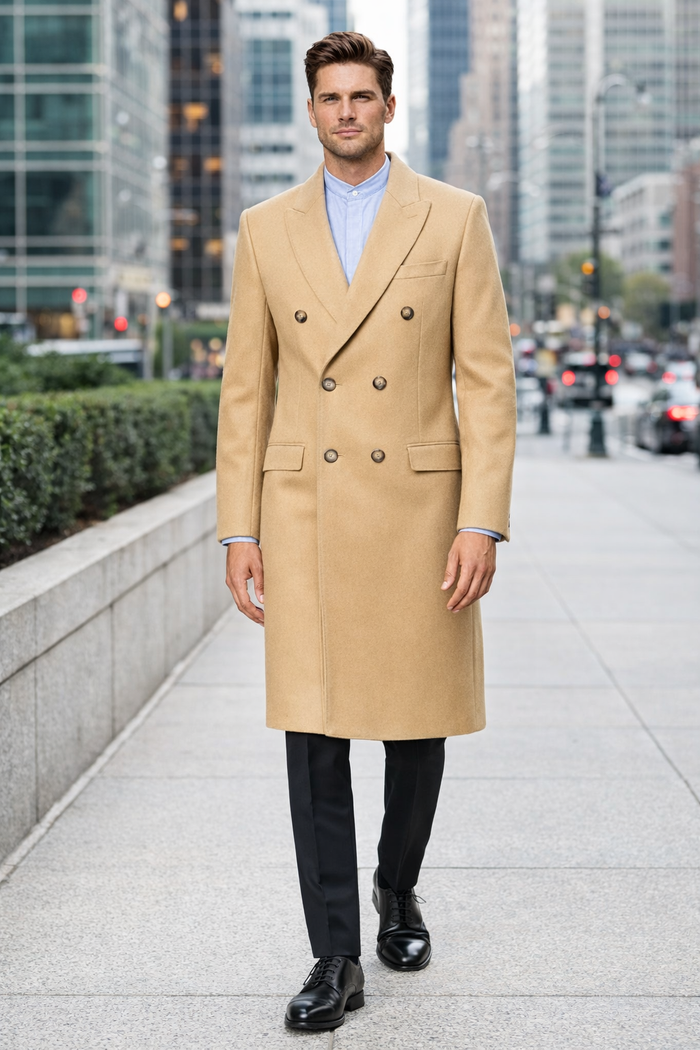 Men's Double Breasted Camel Back Wool Blend Vent Overcoat