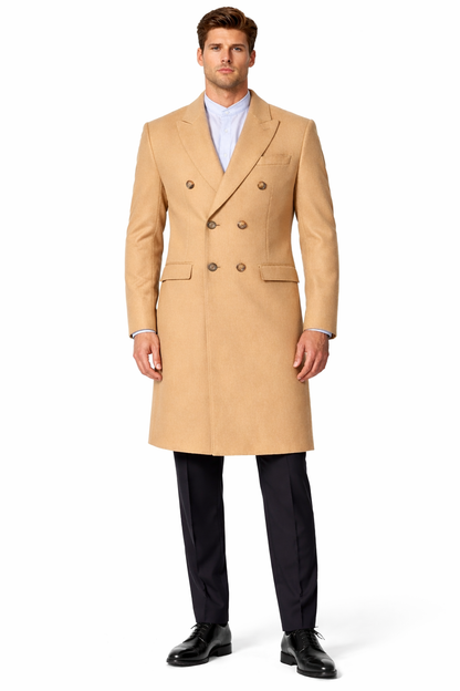 Men's Double Breasted Camel Back Wool Blend Vent Overcoat