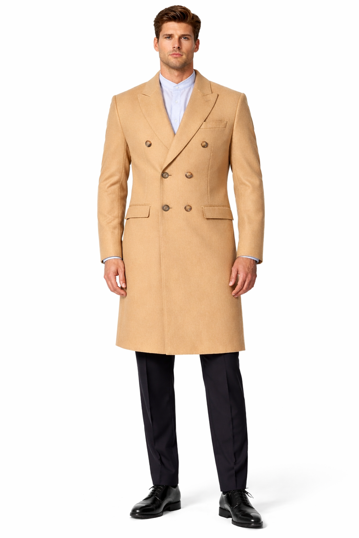 Men's Double Breasted Camel Back Wool Blend Vent Overcoat