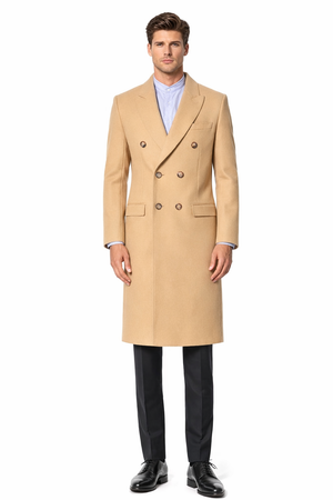 Men's Double Breasted Camel Back Wool Blend Vent Overcoat