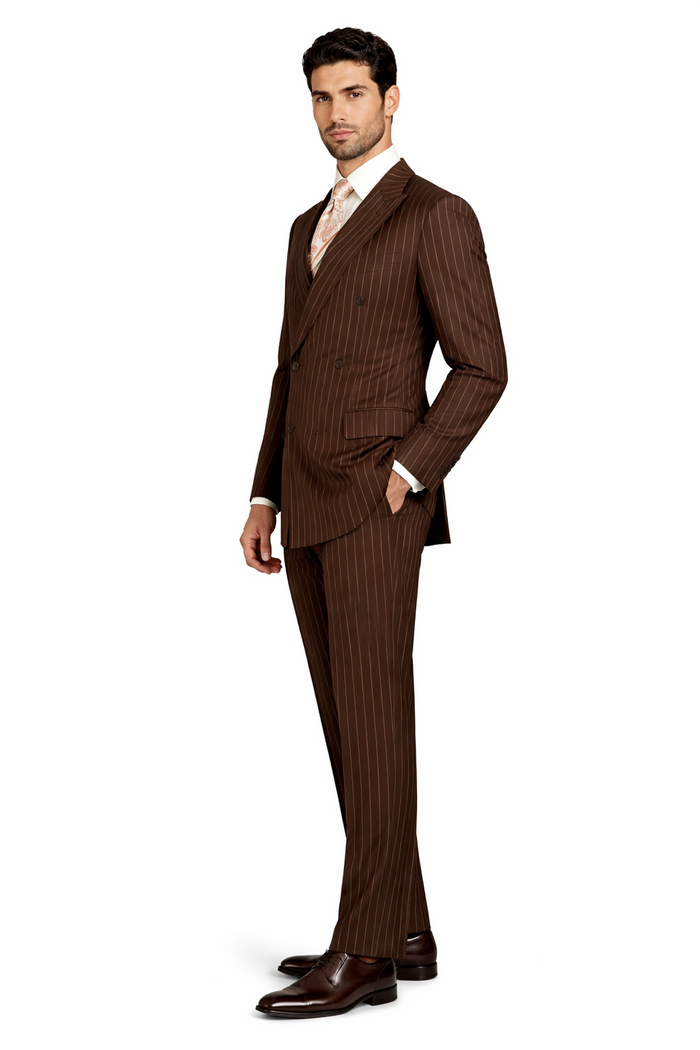 Mens Double Breasted Gangster Pinstripe Suit in Brown