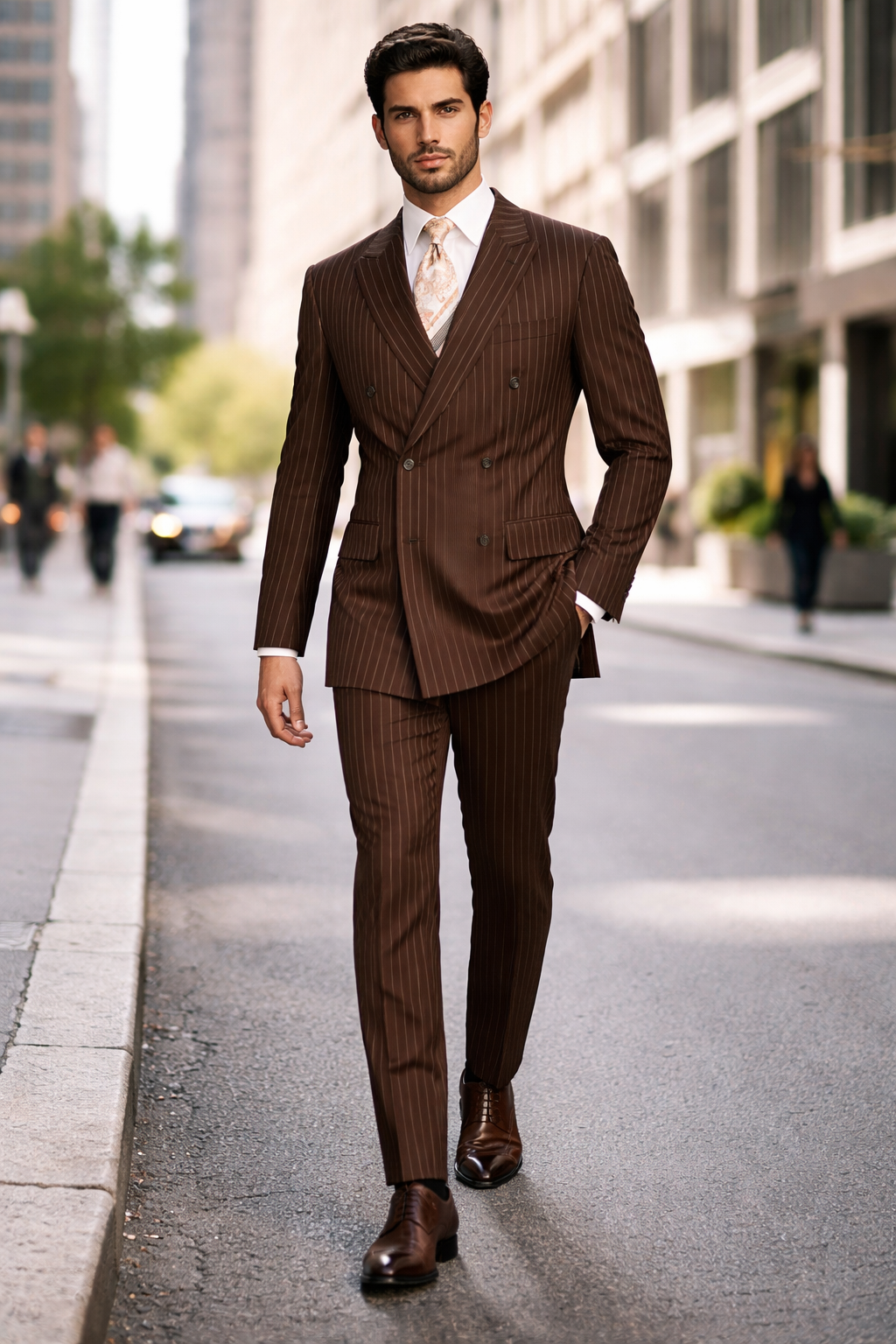 Mens Double Breasted Gangster Pinstripe Suit in Brown