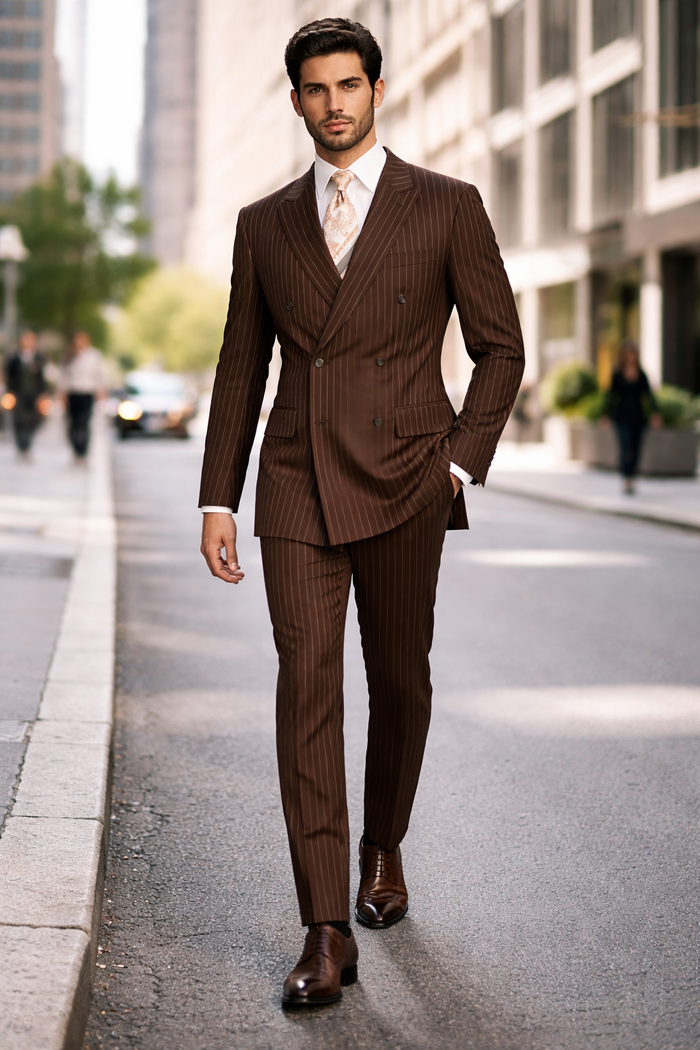 Mens Double Breasted Gangster Pinstripe Suit in Brown