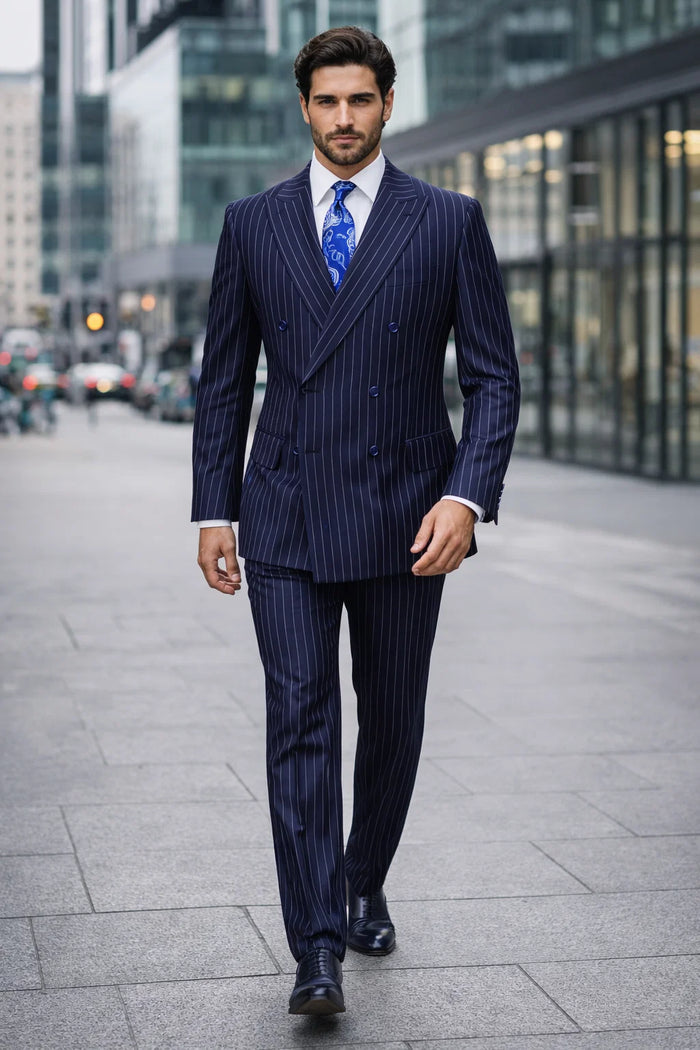 Men's Double Breasted Gangster Pinstripe Suit in Navy Blue