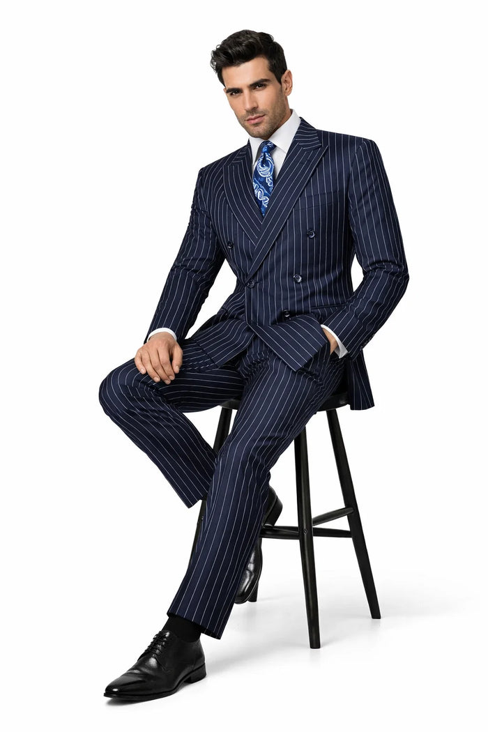 Men's Double Breasted Gangster Pinstripe Suit in Navy Blue