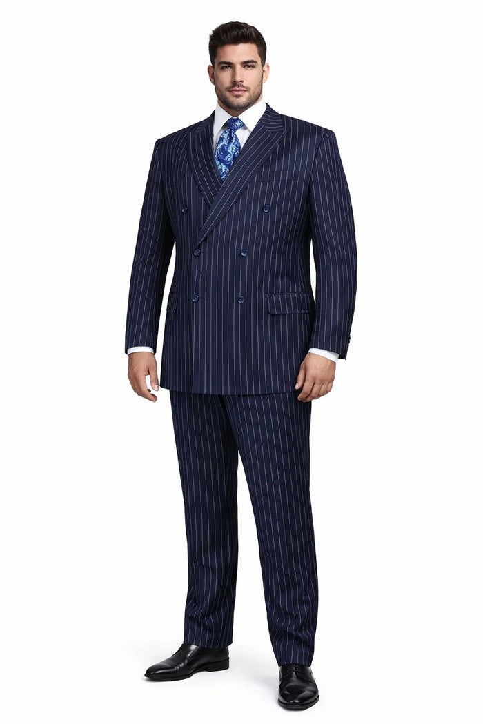 Men's Double Breasted Gangster Pinstripe Suit in Navy Blue