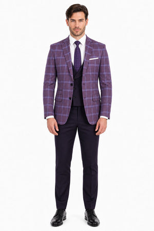 Mens 2 Button Suit with Low Cut Vest in Eggplant | Purple Plaid