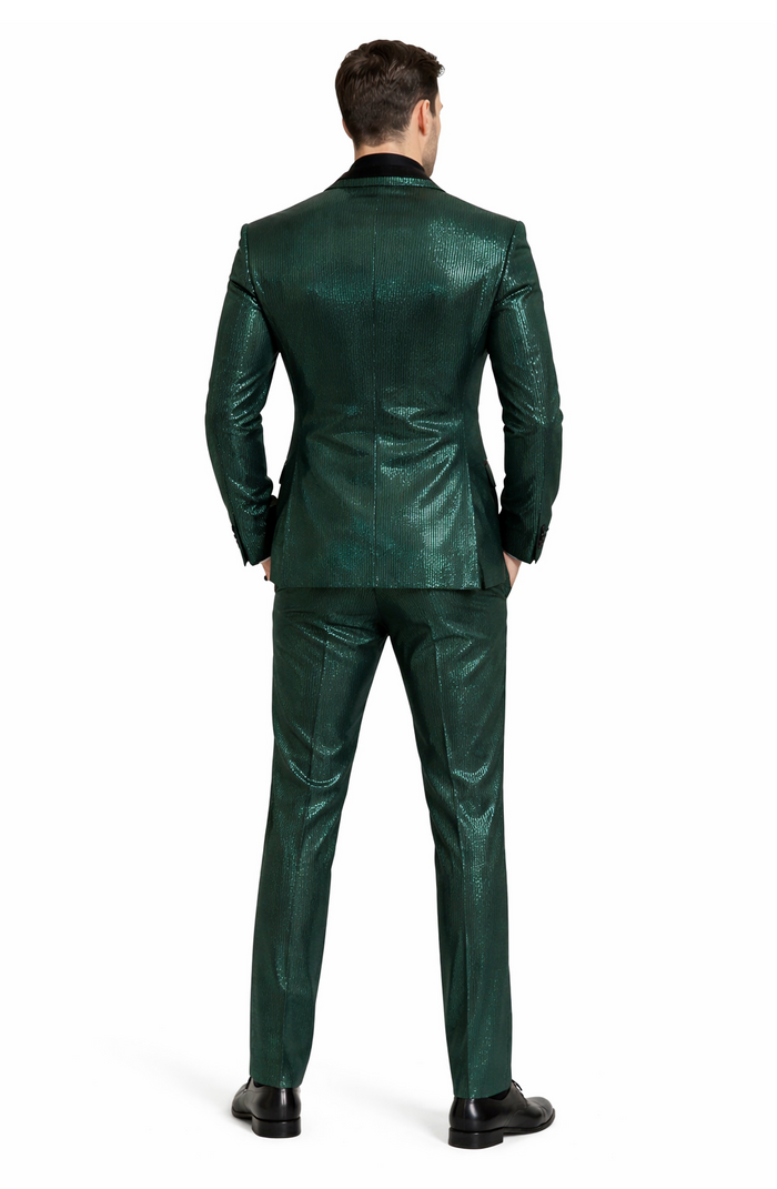 Mens Emerald Green Shiny Stripe Tuxedo Suit  Slim Fit 2-Piece Satin Lapel Dinner Jacket and Pants Ultra slim fit