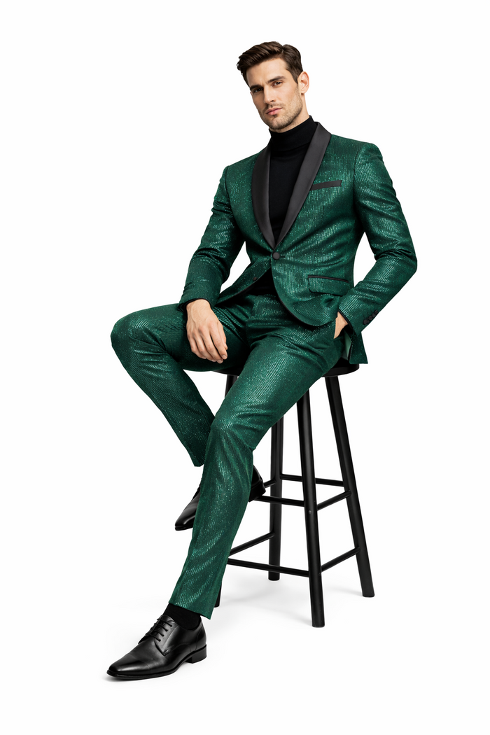 Mens Emerald Green Shiny Stripe Tuxedo Suit  Slim Fit 2-Piece Satin Lapel Dinner Jacket and Pants Ultra slim fit