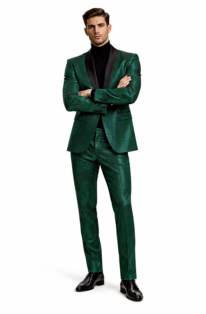 Mens Emerald Green Shiny Stripe Tuxedo Suit  Slim Fit 2-Piece Satin Lapel Dinner Jacket and Pants Ultra slim fit
