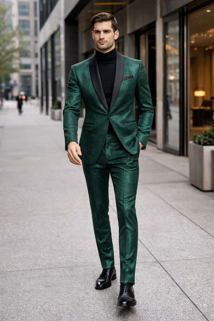 Mens Emerald Green Shiny Stripe Tuxedo Suit  Slim Fit 2-Piece Satin Lapel Dinner Jacket and Pants Ultra slim fit