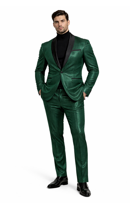 Mens Emerald Green Shiny Stripe Tuxedo Suit  Slim Fit 2-Piece Satin Lapel Dinner Jacket and Pants Ultra slim fit
