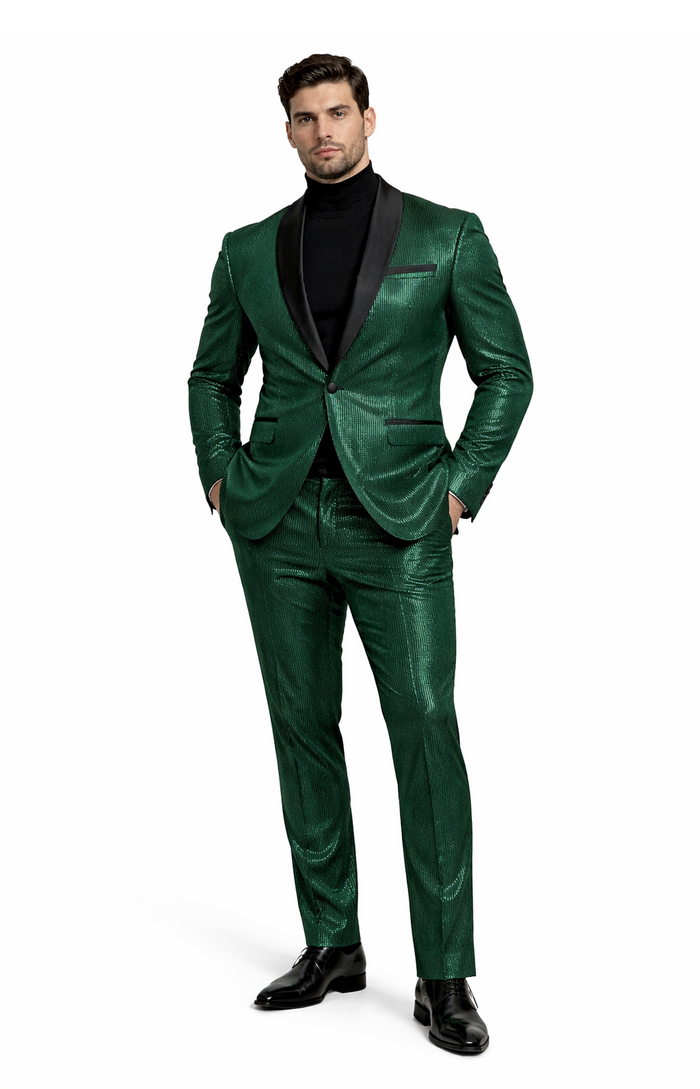 Mens Emerald Green Shiny Stripe Tuxedo Suit  Slim Fit 2-Piece Satin Lapel Dinner Jacket and Pants Ultra slim fit