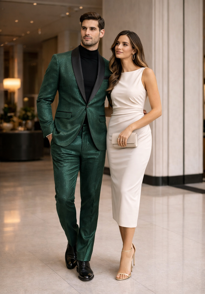 Mens Emerald Green Shiny Stripe Tuxedo Suit  Slim Fit 2-Piece Satin Lapel Dinner Jacket and Pants Ultra slim fit