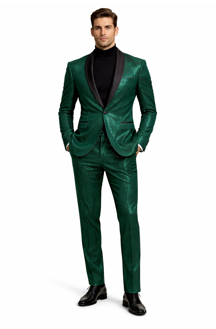 Mens Emerald Green Shiny Stripe Tuxedo Suit  Slim Fit 2-Piece Satin Lapel Dinner Jacket and Pants Ultra slim fit