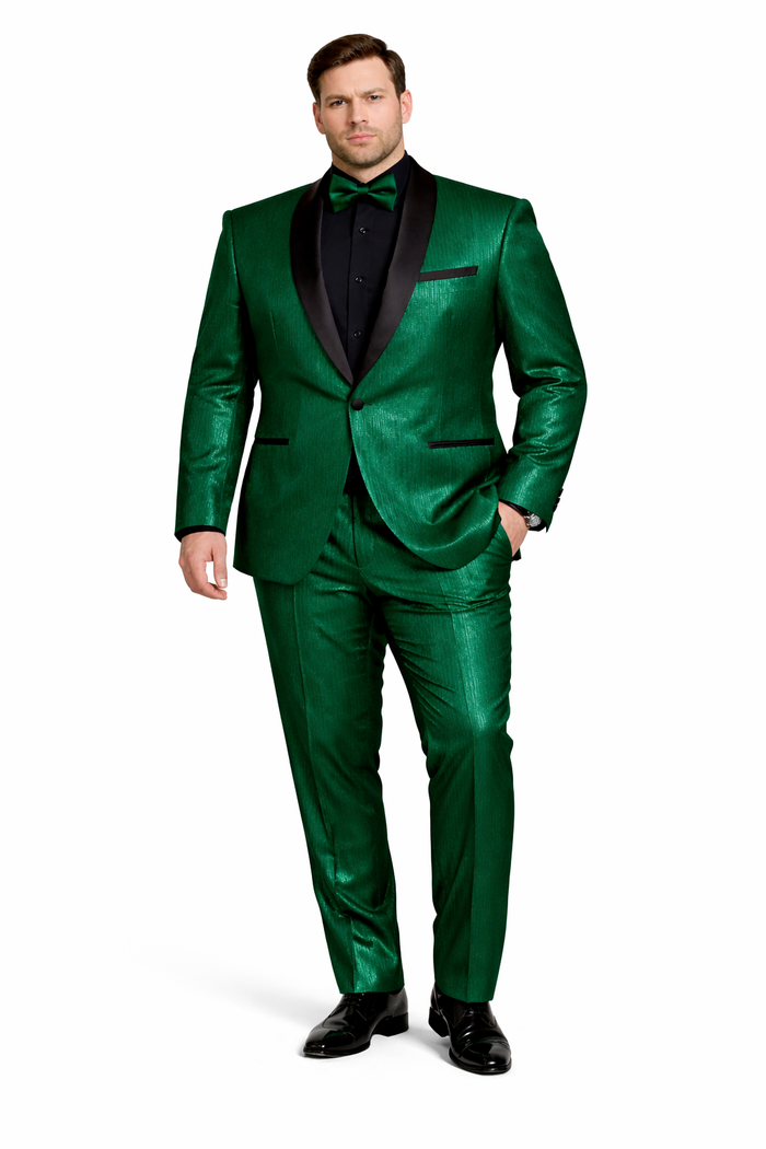 Men's Emerald Green Shiny Tuxedo with Black Satin Lapel and Matching Bow Tie  Ultra Slim Fit