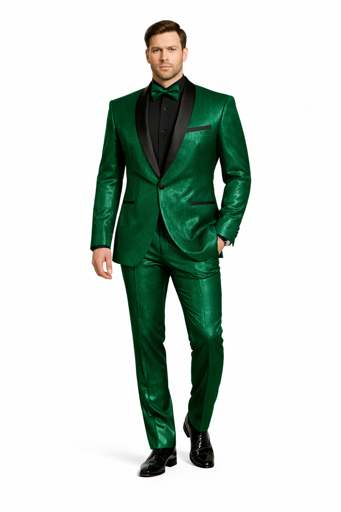 Men's Emerald Green Shiny Tuxedo with Black Satin Lapel and Matching Bow Tie  Ultra Slim Fit