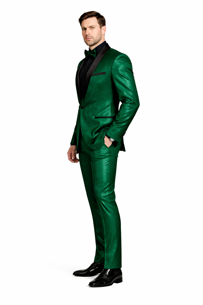 Men's Emerald Green Shiny Tuxedo with Black Satin Lapel and Matching Bow Tie  Ultra Slim Fit
