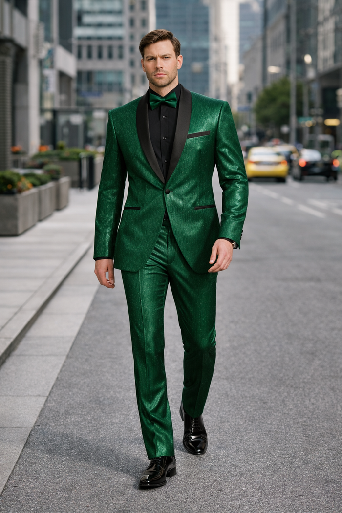 Men's Emerald Green Shiny Tuxedo with Black Satin Lapel and Matching Bow Tie  Ultra Slim Fit