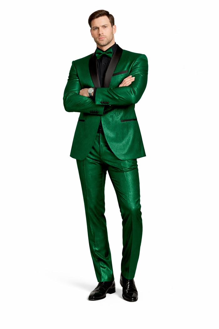 Men's Emerald Green Shiny Tuxedo with Black Satin Lapel and Matching Bow Tie  Ultra Slim Fit