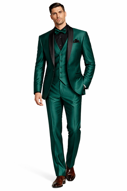 Mens Emerald Green Tuxedo with Black Satin Shawl Lapel  3 Piece Formal Suit with Vest