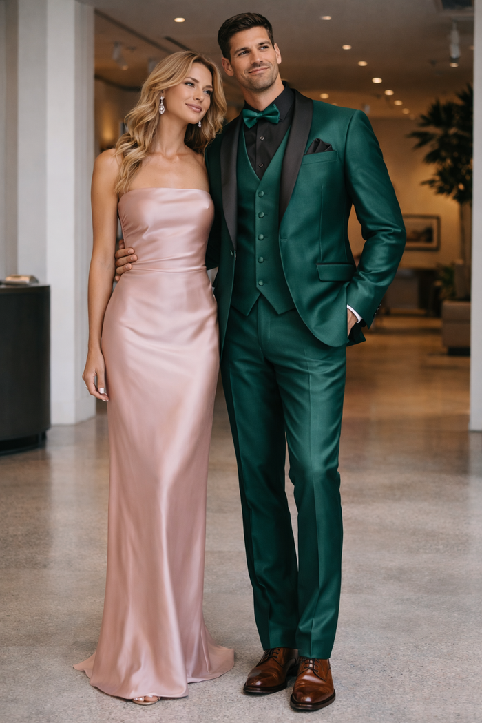 Men's Emerald Green Tuxedo with Black Satin Shawl Lapel - 3 Piece Formal Suit with Vest