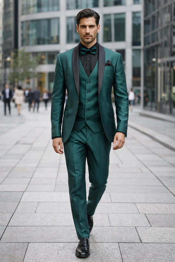 Men's Emerald Green Tuxedo with Black Satin Shawl Lapel - 3 Piece Formal Suit with Vest