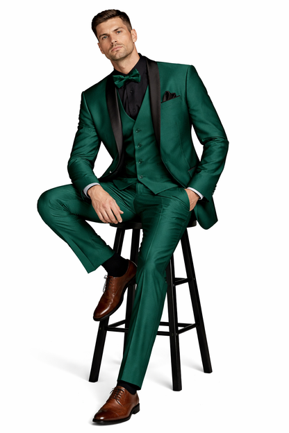 Mens Emerald Green Tuxedo with Black Satin Shawl Lapel  3 Piece Formal Suit with Vest