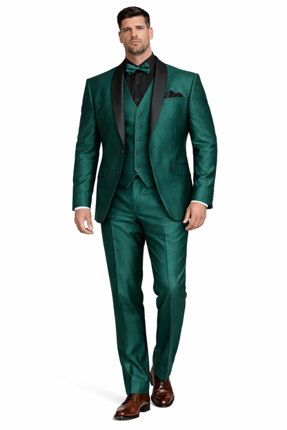 Mens Emerald Green Tuxedo with Black Satin Shawl Lapel  3 Piece Formal Suit with Vest