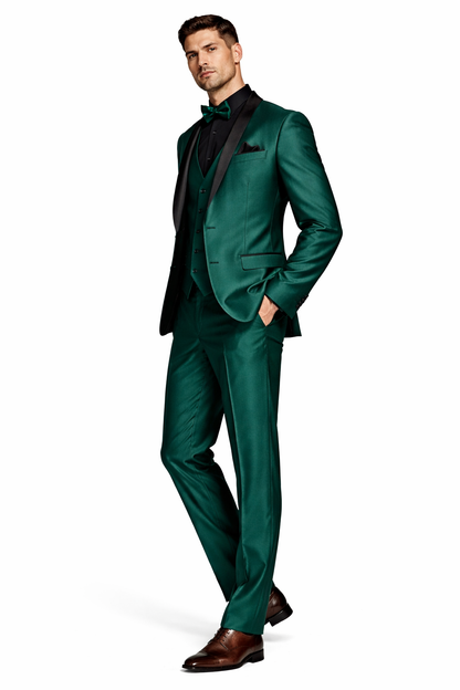 Mens Emerald Green Tuxedo with Black Satin Shawl Lapel  3 Piece Formal Suit with Vest