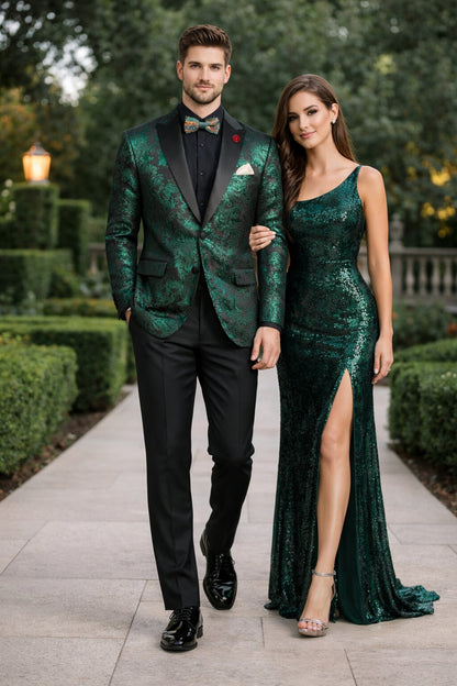 Emerald Green Paisley Tuxedo Suit - Prom Floral Tuxedo Suit - Groom Wedding Suit