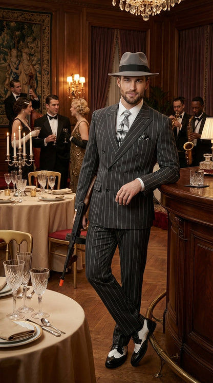 Mens Black Pinstripe AI Capone Suit – Vintage 1920s Gangster Style Three Piece Formal Suit