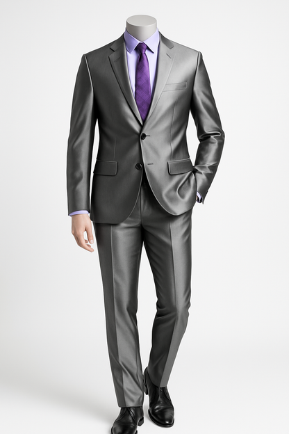 Mens Shiny Sharkskin Suit in Silver Grey