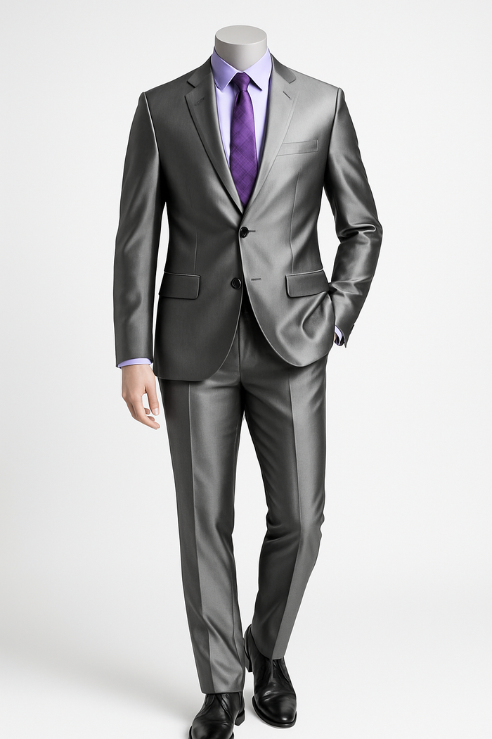 Men's Shiny Sharkskin Suit in Silver Grey