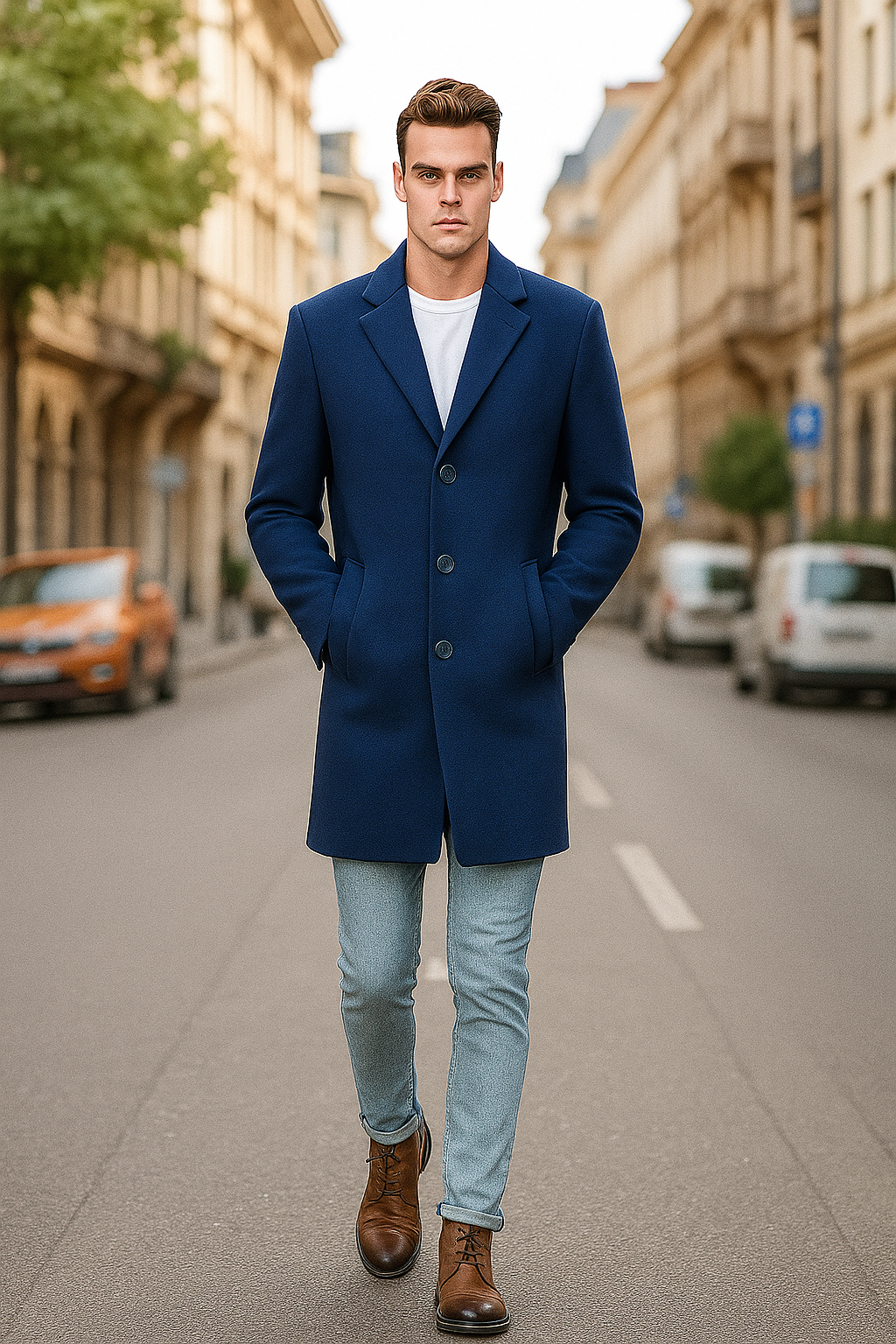 French Saphire Blue Wool and Cashmere Carcoat in Color "Indigo Blue" - Topcoat Three Quarter
