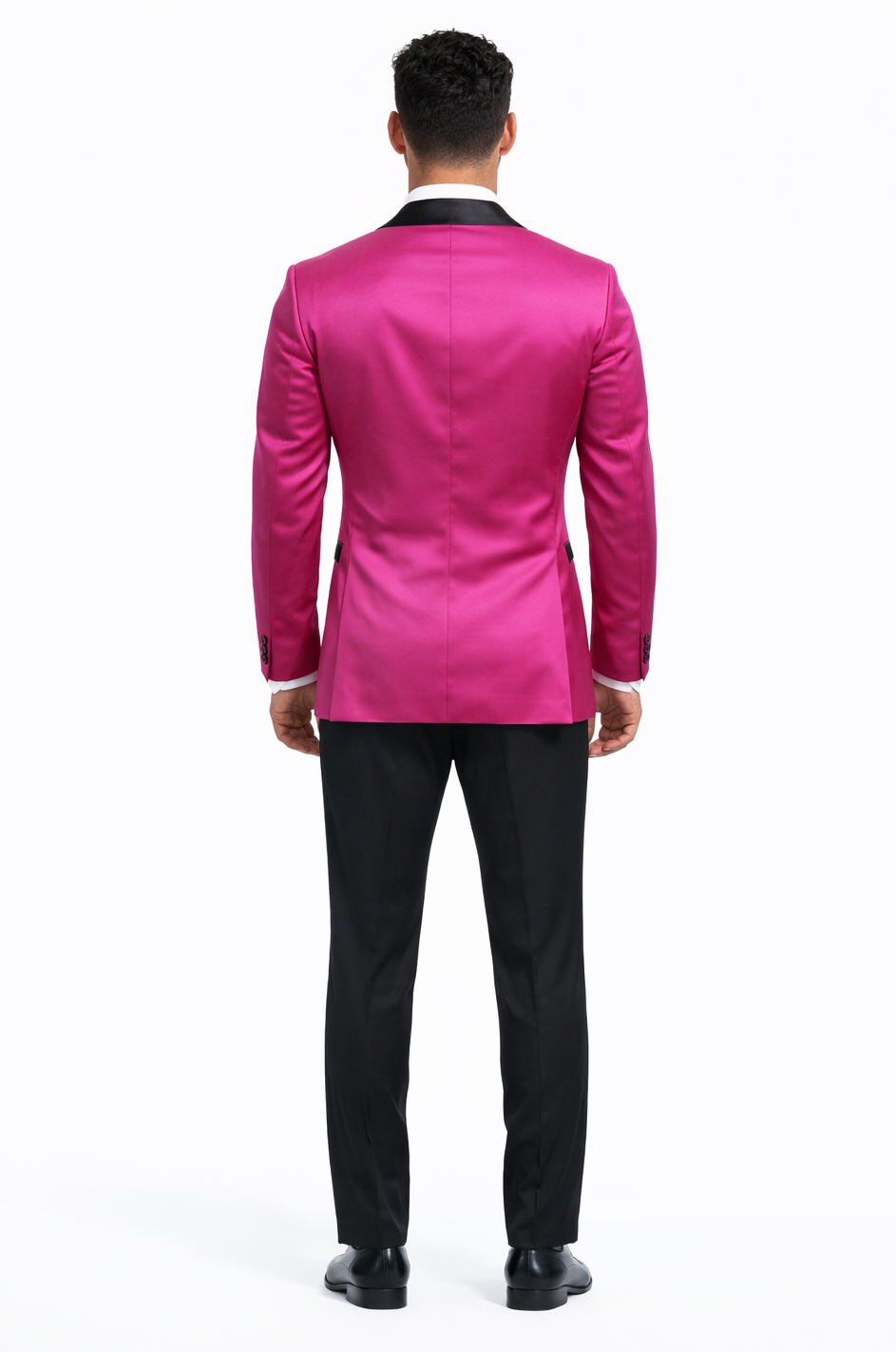 Mens Fuchsia Pink Satin Tuxedo Jacket with Black Peak Lapel  Bold Slim Fit Formal Suit