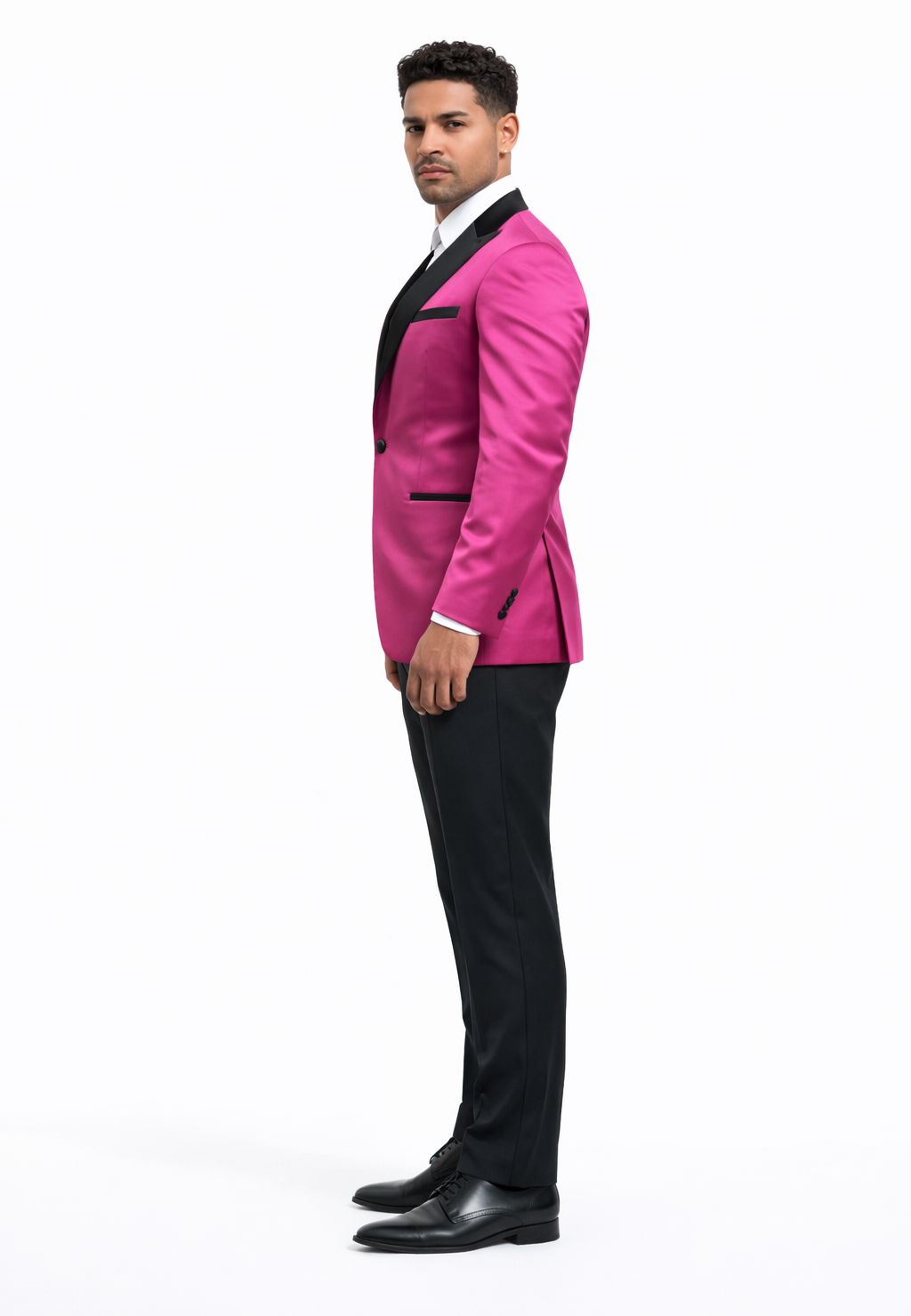Mens Fuchsia Pink Satin Tuxedo Jacket with Black Peak Lapel  Bold Slim Fit Formal Suit