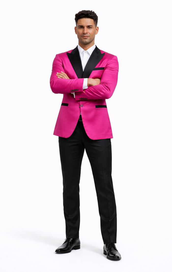 Mens Fuchsia Pink Satin Tuxedo Jacket with Black Peak Lapel  Bold Slim Fit Formal Suit