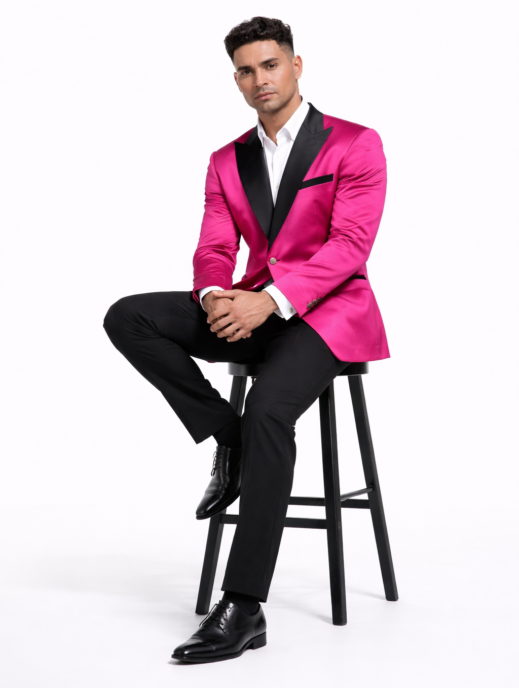 Mens Fuchsia Pink Satin Tuxedo Jacket with Black Peak Lapel  Bold Slim Fit Formal Suit