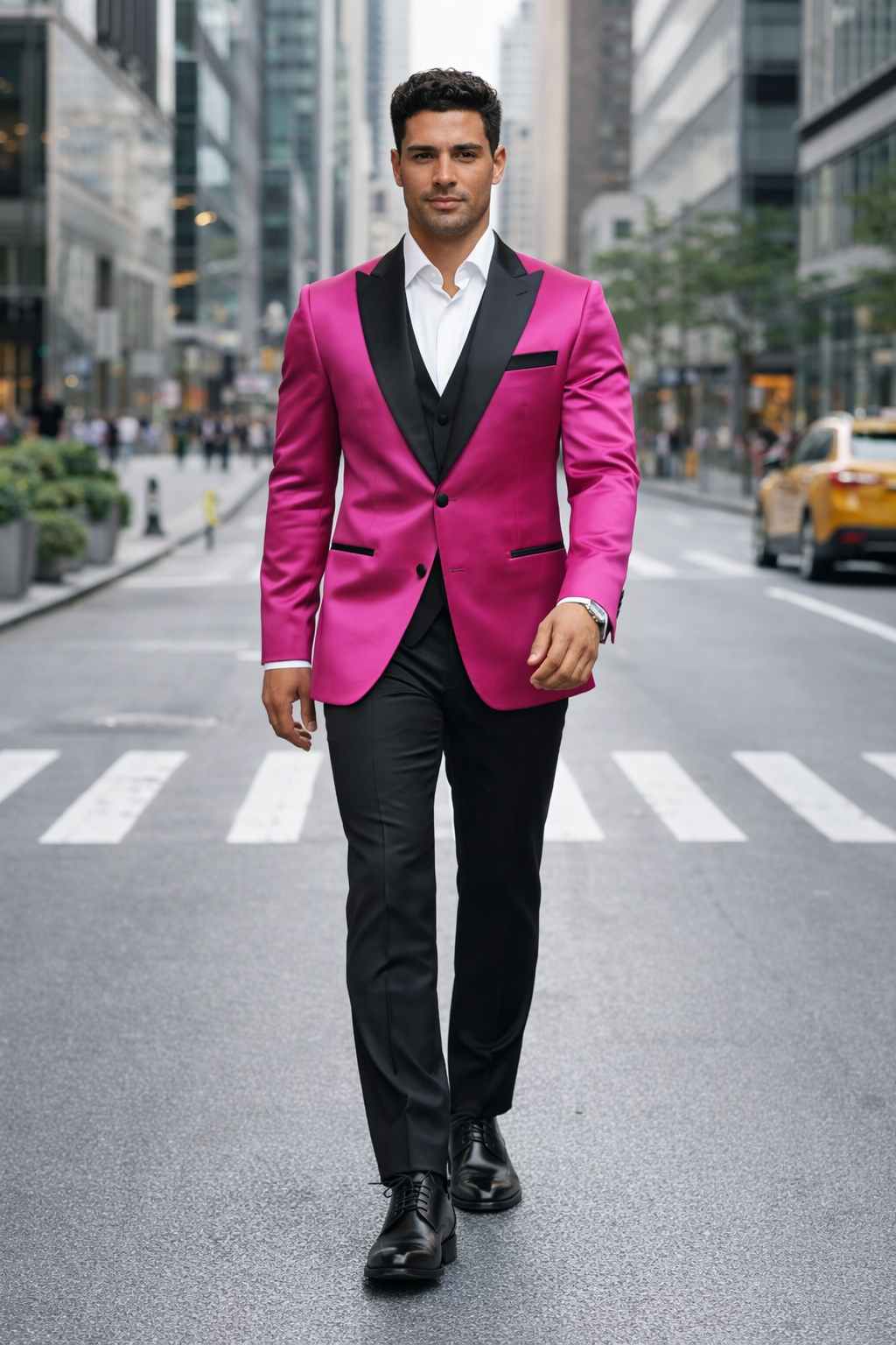 Mens Fuchsia Pink Satin Tuxedo Jacket with Black Peak Lapel  Bold Slim Fit Formal Suit