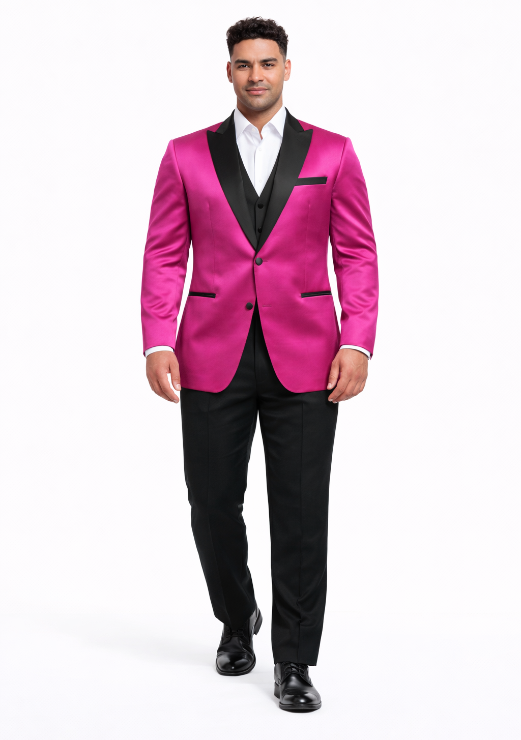 Mens Fuchsia Pink Satin Tuxedo Jacket with Black Peak Lapel  Bold Slim Fit Formal Suit