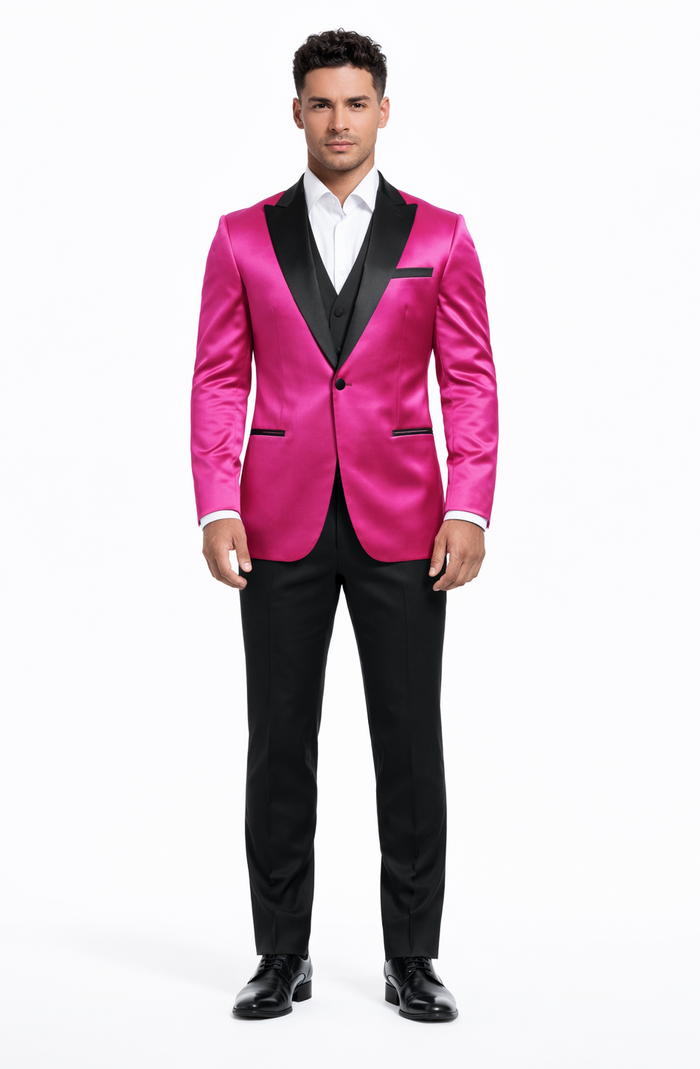 Mens Fuchsia Pink Satin Tuxedo Jacket with Black Peak Lapel  Bold Slim Fit Formal Suit