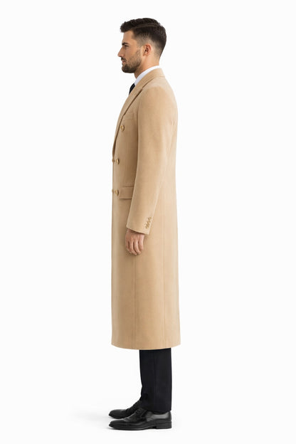 Men's Wool And Cashmere Double Breasted Long Overcoat Beige ~ Camel Three Quarter Winter Men's Topcoat Sale