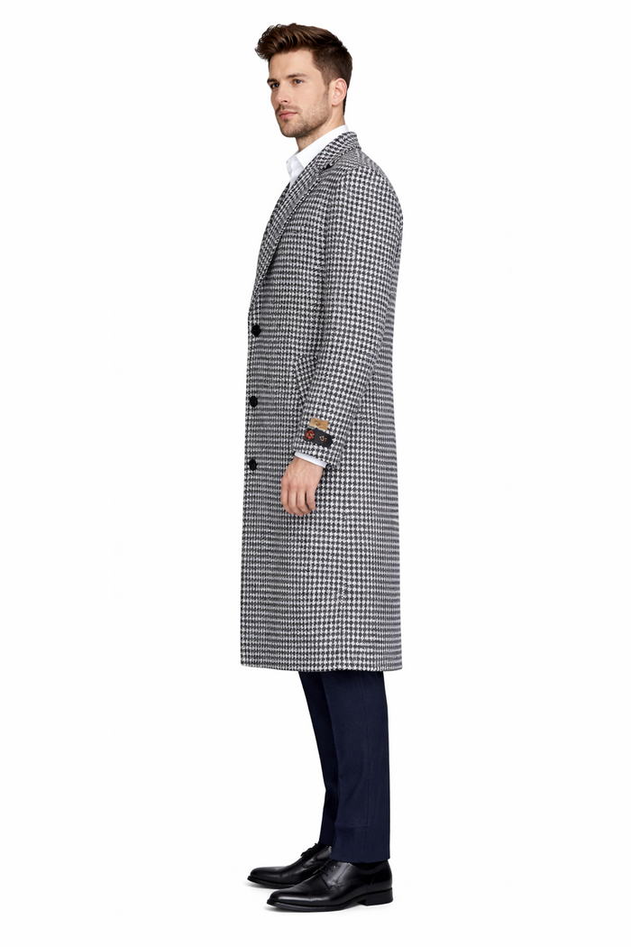 Mens Full Length Wool and Cashmere Overcoat - Winter Topcoats - Black and White Coat