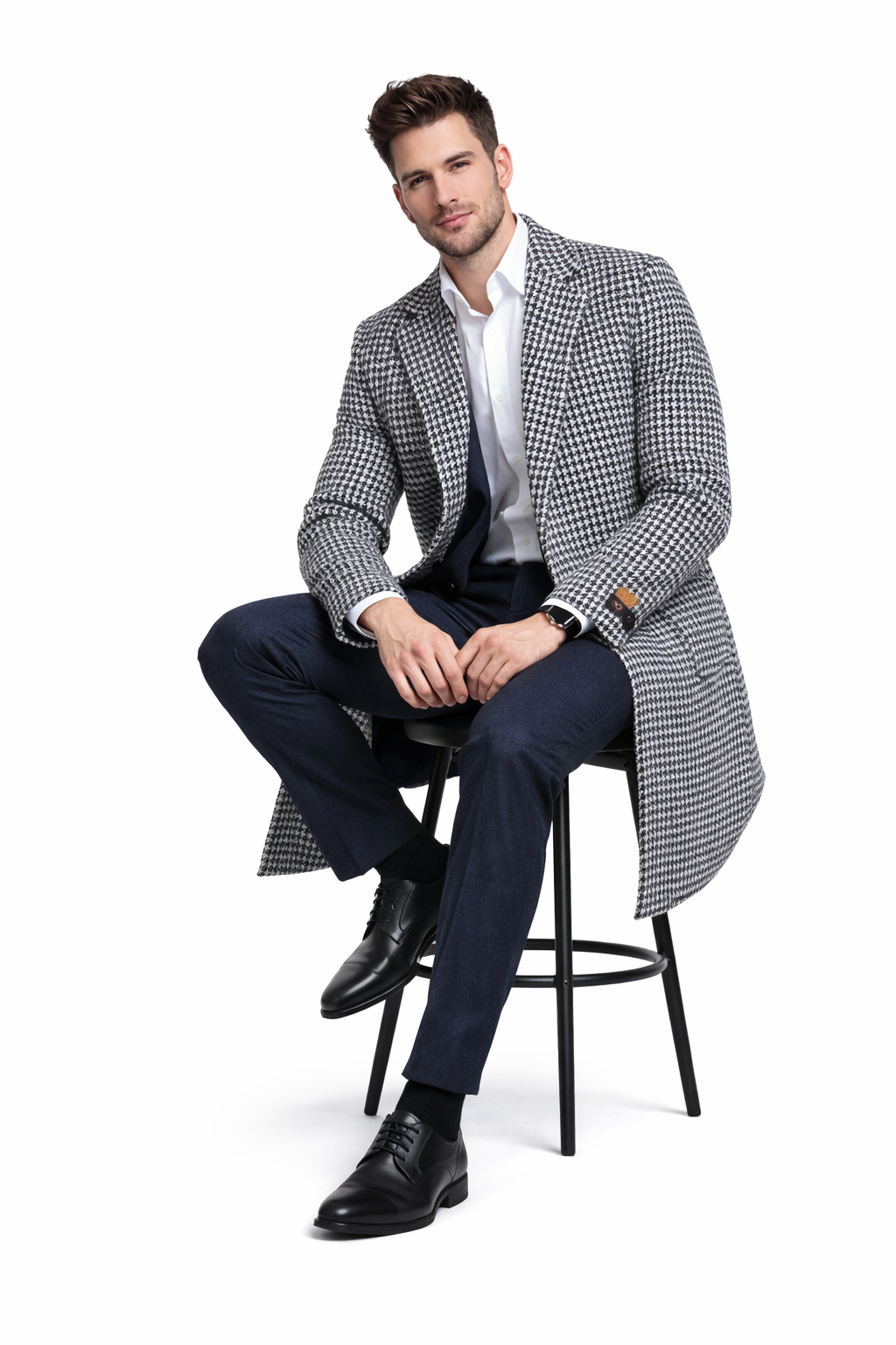 Mens Full Length Wool and Cashmere Overcoat - Winter Topcoats - Black and White Coat